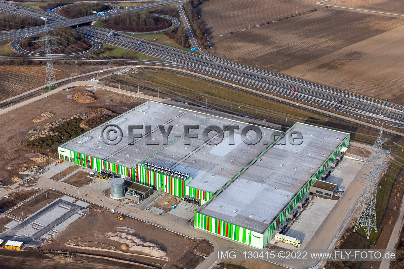 Oblique view of New construction of the Pfalzmarkt for fruit and vegetables in Mutterstadt in the state Rhineland-Palatinate, Germany