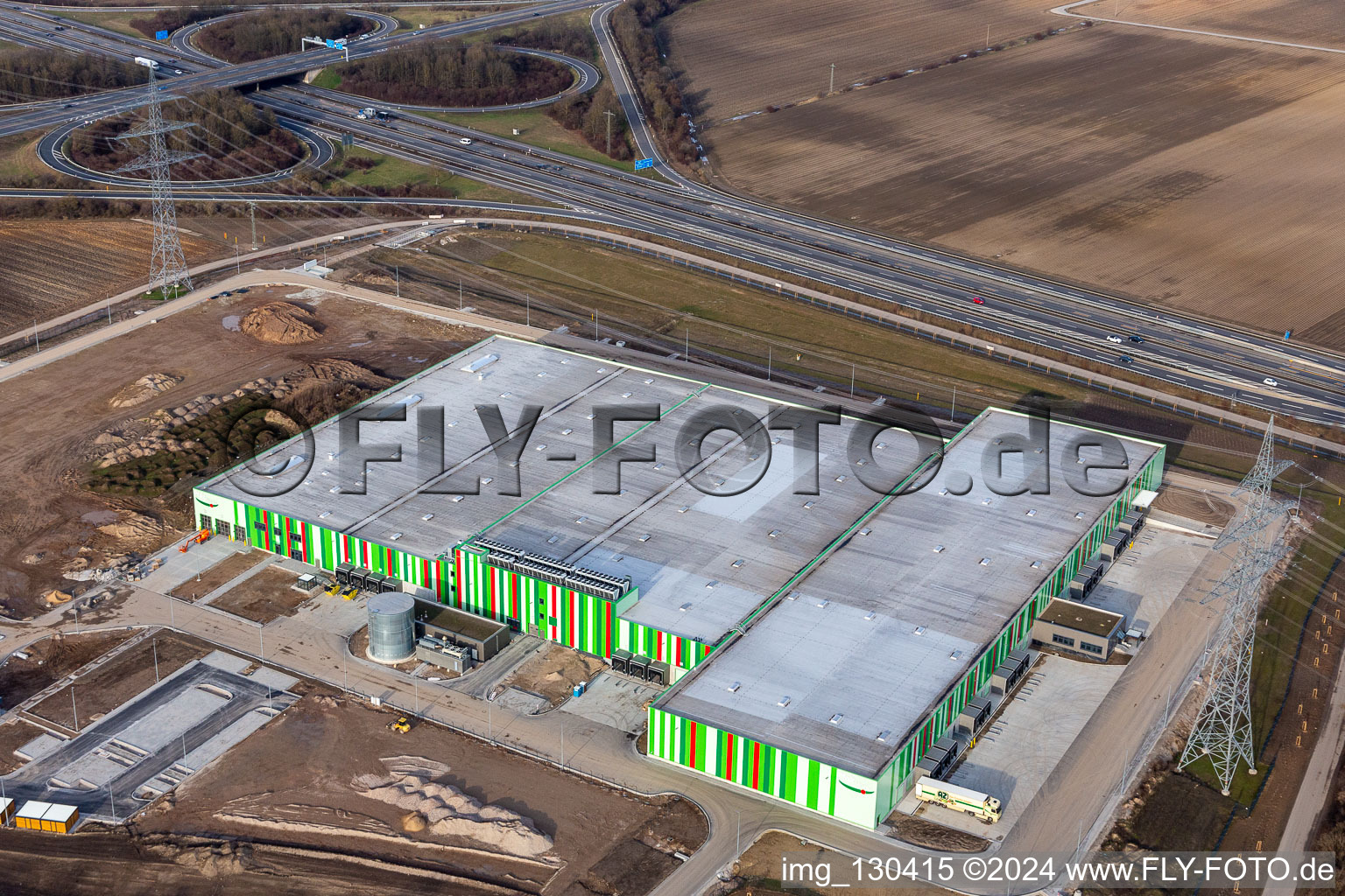 Oblique view of New construction of the Pfalzmarkt for fruit and vegetables in Mutterstadt in the state Rhineland-Palatinate, Germany