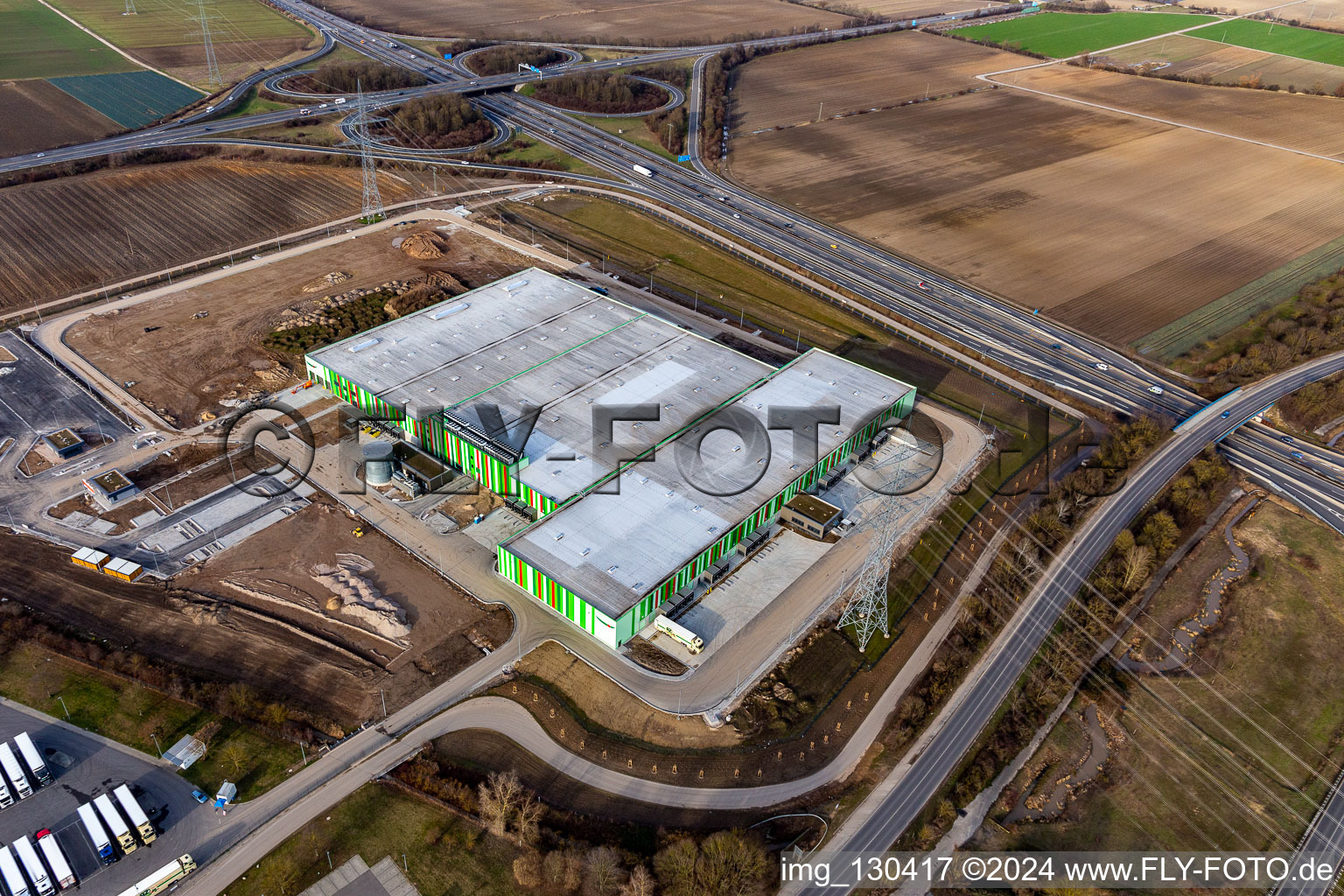 New building of the Pfalzmarkt for fruit and vegetables in Mutterstadt in the state Rhineland-Palatinate, Germany from above