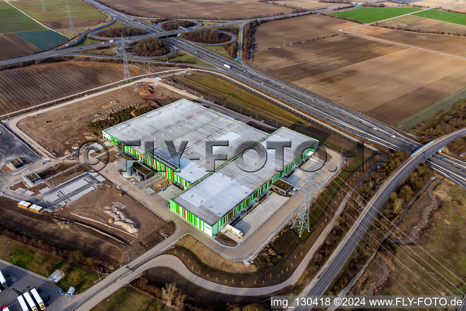 New building of the Pfalzmarkt for fruit and vegetables in Mutterstadt in the state Rhineland-Palatinate, Germany out of the air