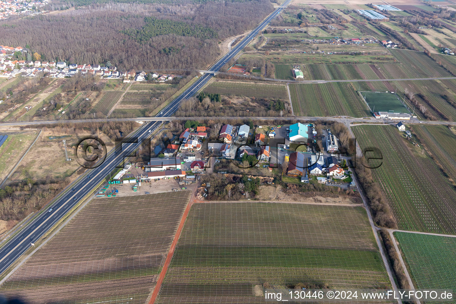 Aerial photograpy of Commercial area in the Nauroth in Ellerstadt in the state Rhineland-Palatinate, Germany