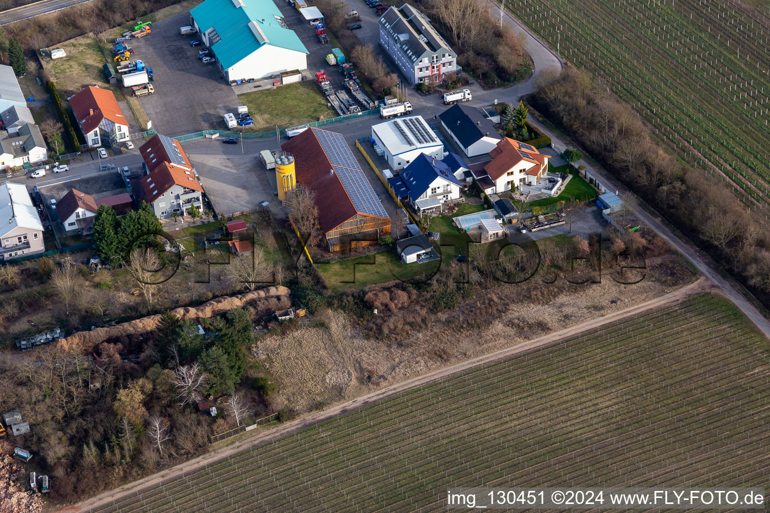 Aerial view of Industrial area in Nauroth. HWP the furniture makers in Ellerstadt in the state Rhineland-Palatinate, Germany