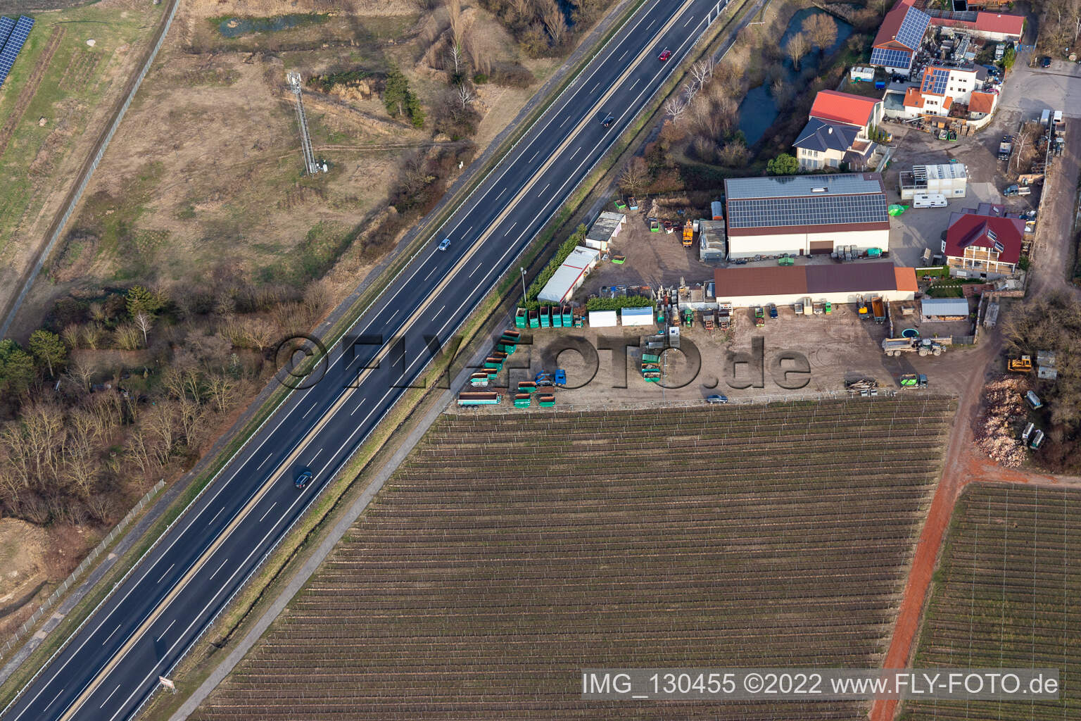 Aerial view of Commercial area In der Nauroth, GOWA industrial noise protection in Ellerstadt in the state Rhineland-Palatinate, Germany