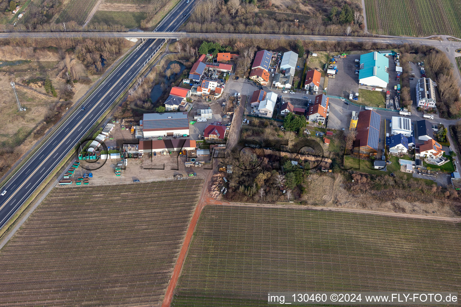 Industrial estate In der Nauroth in Ellerstadt in the state Rhineland-Palatinate, Germany from above