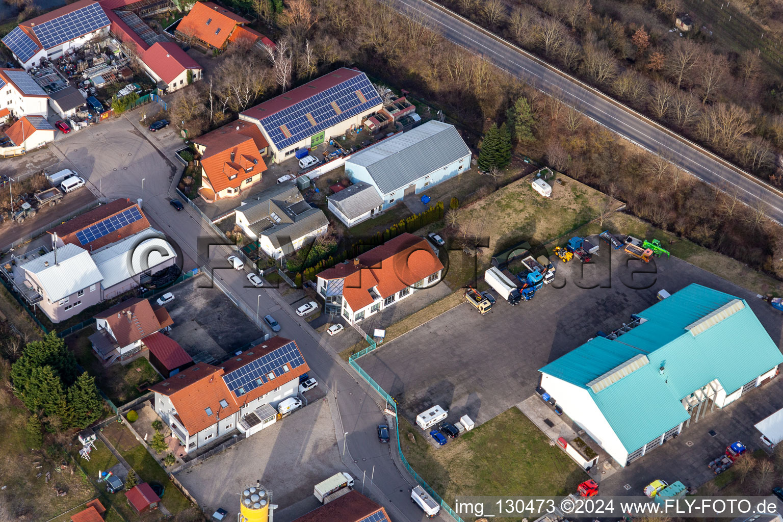 Aerial view of Industrial estate In der Nauroth, Harry Anton Sanitary and Heating Construction in Ellerstadt in the state Rhineland-Palatinate, Germany