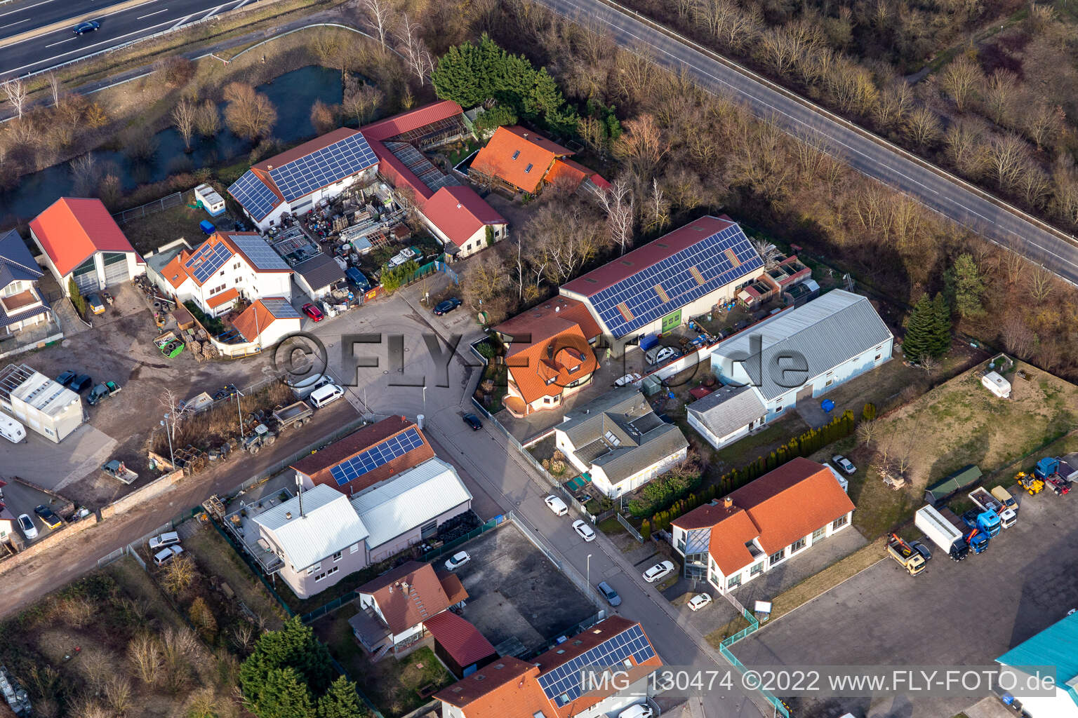 Aerial photograpy of Commercial area In der Nauroth, Harry Anton plumbing and heating construction in Ellerstadt in the state Rhineland-Palatinate, Germany