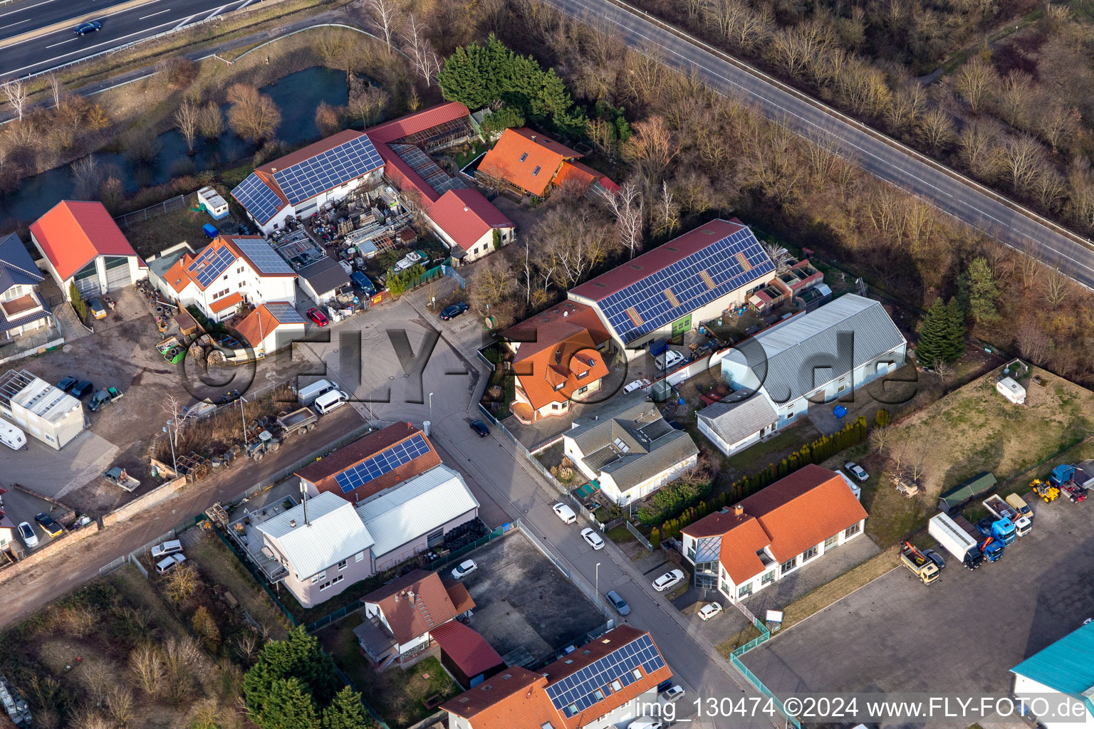 Aerial photograpy of Commercial area In der Nauroth, Harry Anton plumbing and heating construction in Ellerstadt in the state Rhineland-Palatinate, Germany