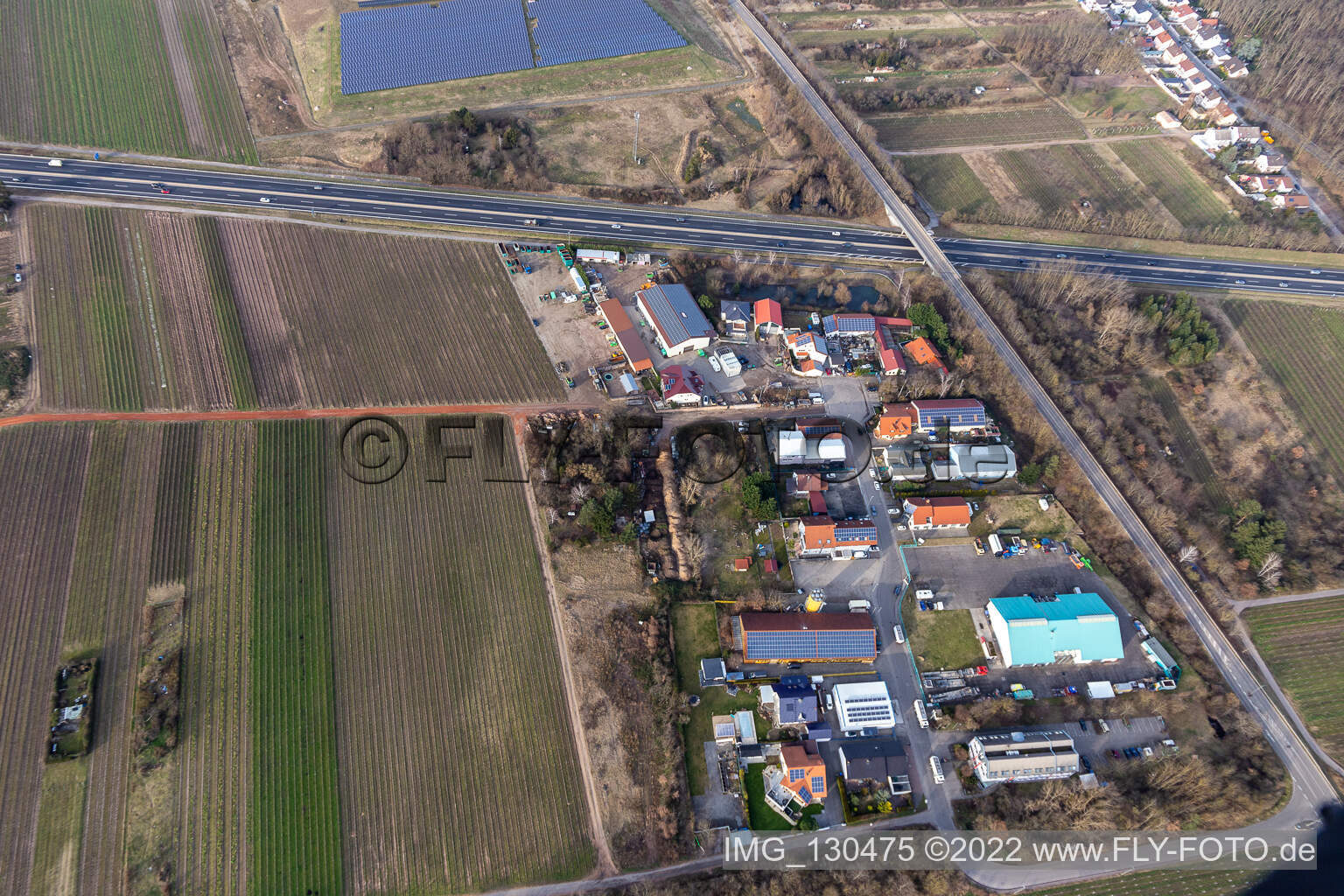 Commercial area in the Nauroth in Ellerstadt in the state Rhineland-Palatinate, Germany seen from above
