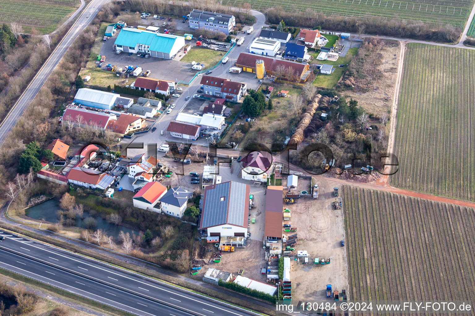 Industrial estate In der Nauroth in Ellerstadt in the state Rhineland-Palatinate, Germany viewn from the air