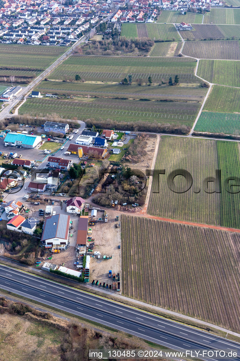 Drone recording of Industrial estate In der Nauroth in Ellerstadt in the state Rhineland-Palatinate, Germany