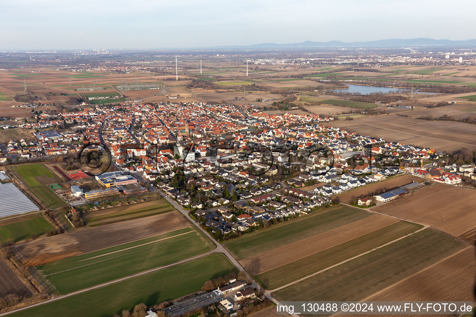 Aerial view of Lambsheim in the state Rhineland-Palatinate, Germany