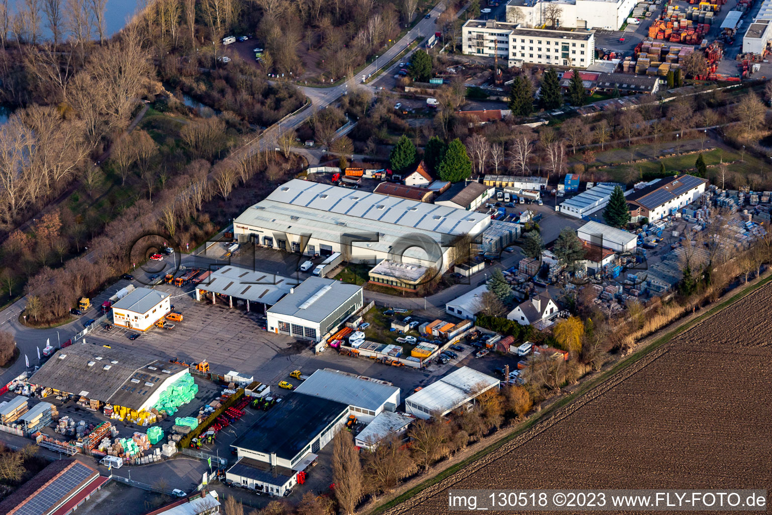 Aerial view of Industrial street with industrial area at Silbersee in the district Roxheim in Bobenheim-Roxheim in the state Rhineland-Palatinate, Germany