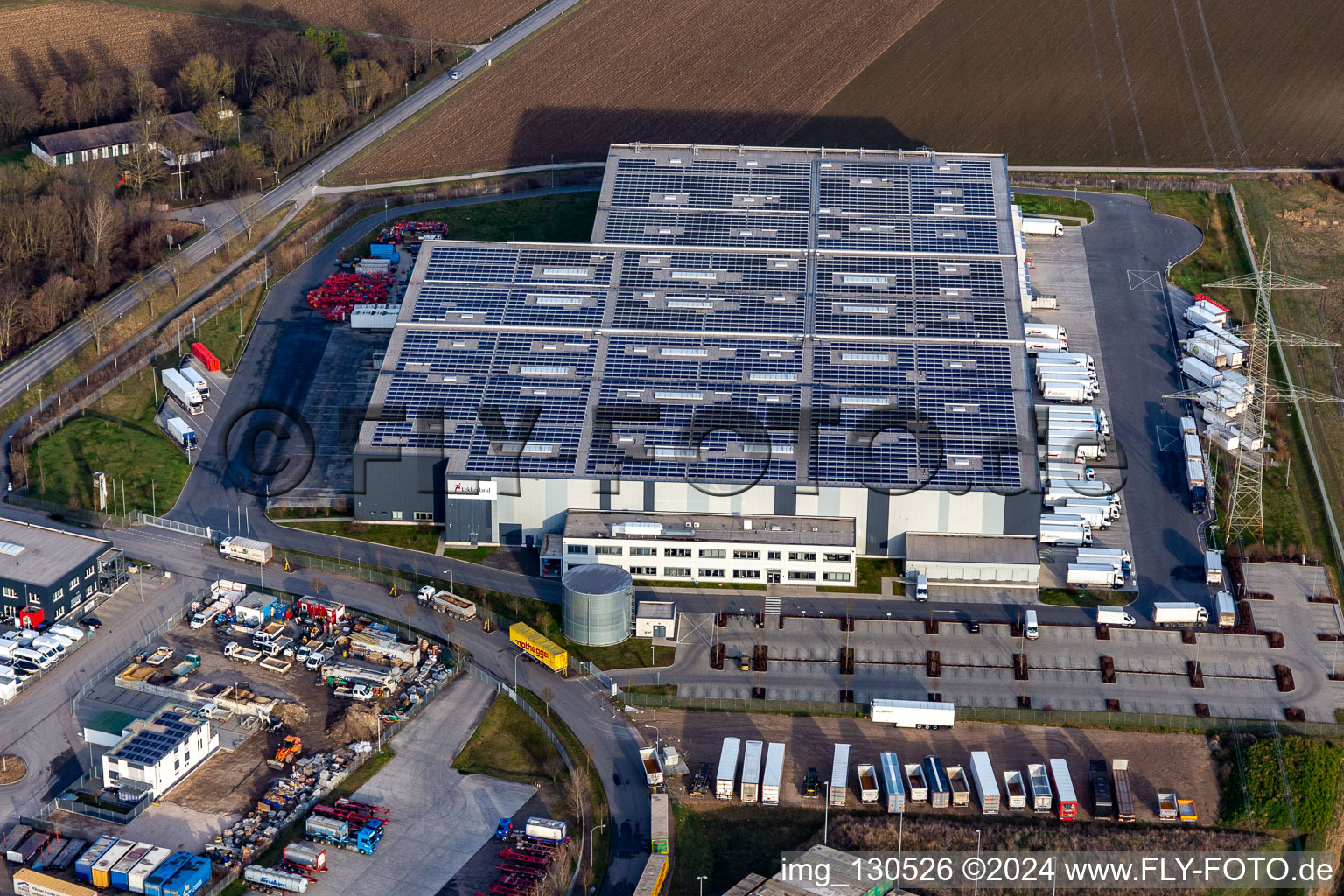 Aerial view of Lekkerland Logistics Center Mannheim in the district Roxheim in Bobenheim-Roxheim in the state Rhineland-Palatinate, Germany