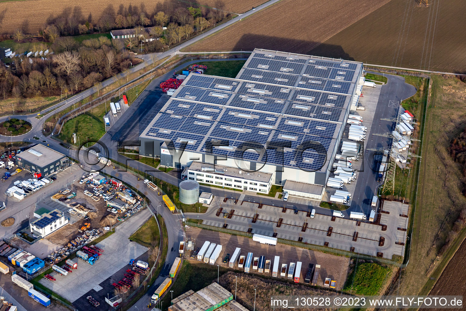 Aerial photograpy of Lekkerland logistics center Mannheim in the district Roxheim in Bobenheim-Roxheim in the state Rhineland-Palatinate, Germany