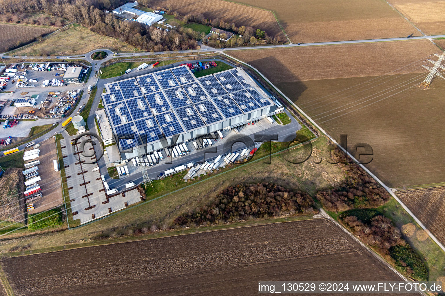 Oblique view of Lekkerland Logistics Center Mannheim in the district Roxheim in Bobenheim-Roxheim in the state Rhineland-Palatinate, Germany