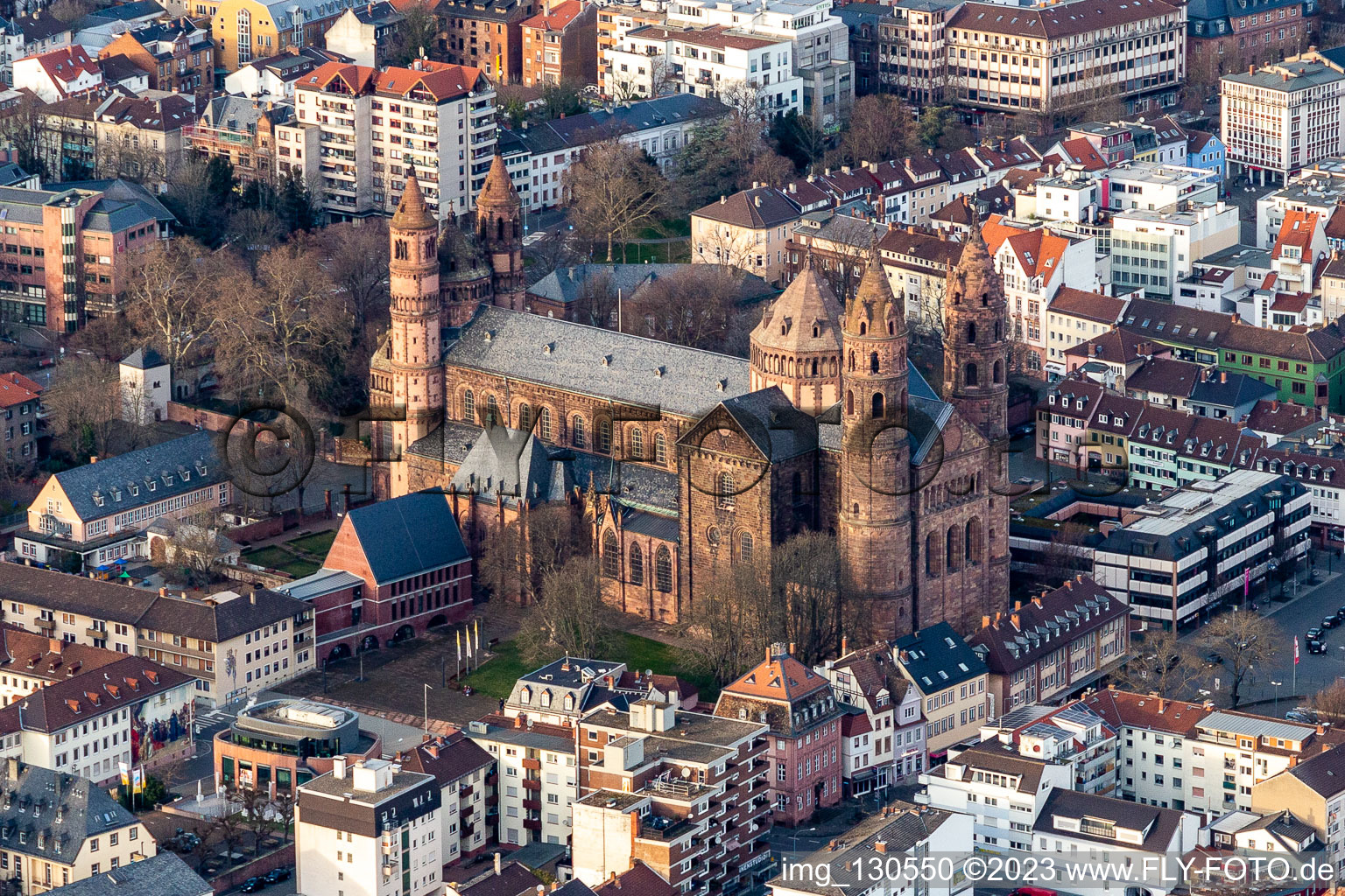 Aerial view of St. Peter's Cathedral in Worms in the state Rhineland-Palatinate, Germany