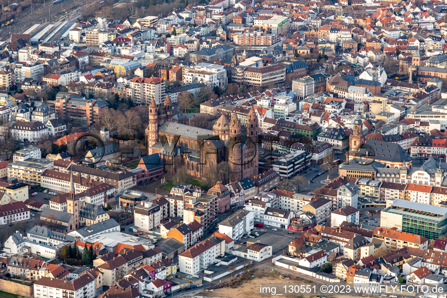 Aerial photograpy of St. Peter's Cathedral in Worms in the state Rhineland-Palatinate, Germany