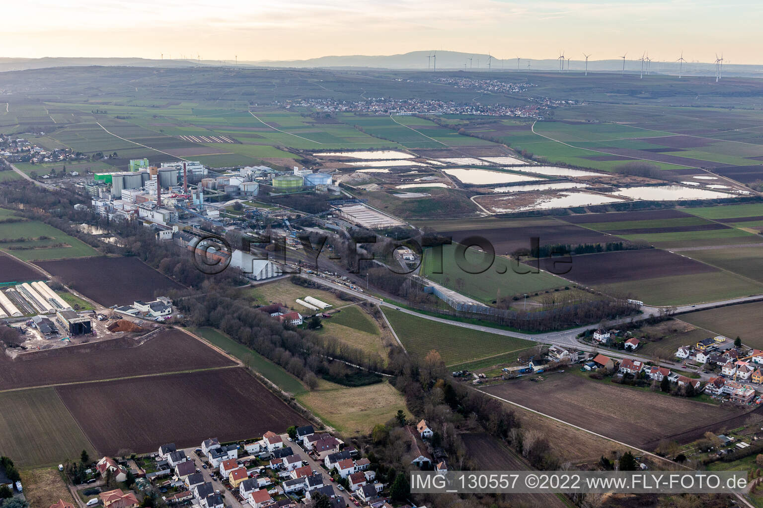 Aerial view of Südzucker AG in Obrigheim in the state Rhineland-Palatinate, Germany