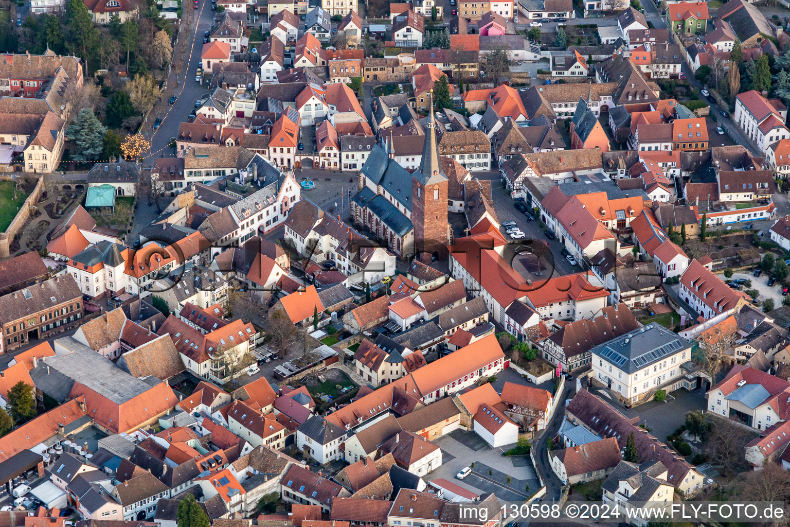 Aerial view of Parish Church of St. Urlrich in Deidesheim in the state Rhineland-Palatinate, Germany