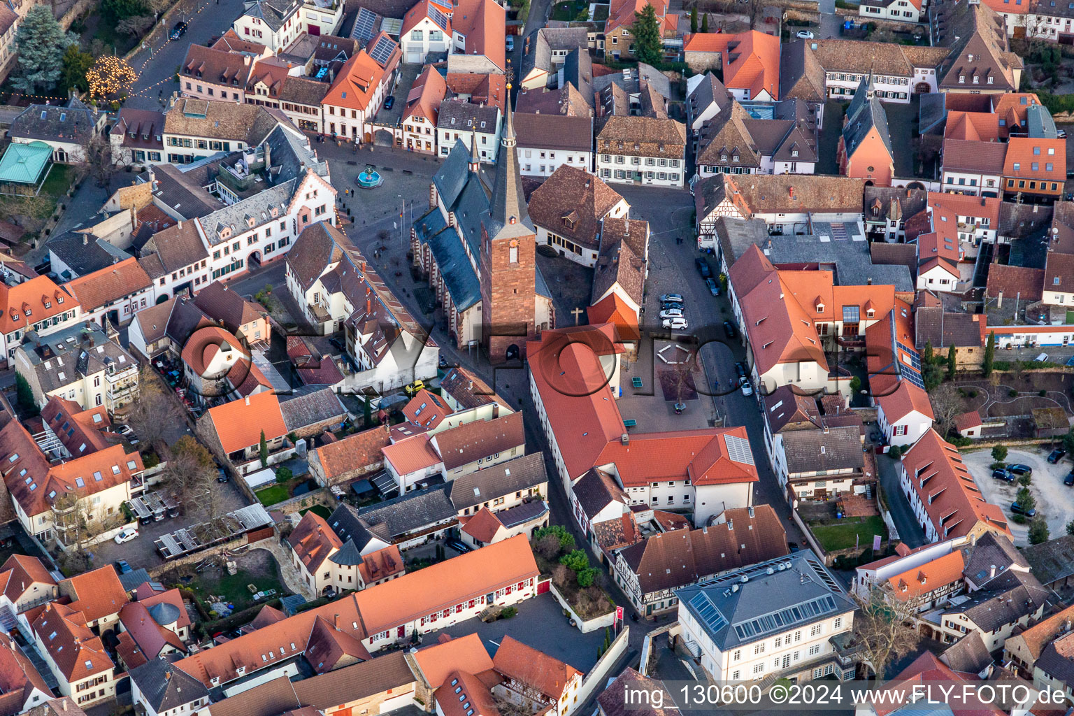 Aerial photograpy of Parish Church of St. Urlrich in Deidesheim in the state Rhineland-Palatinate, Germany