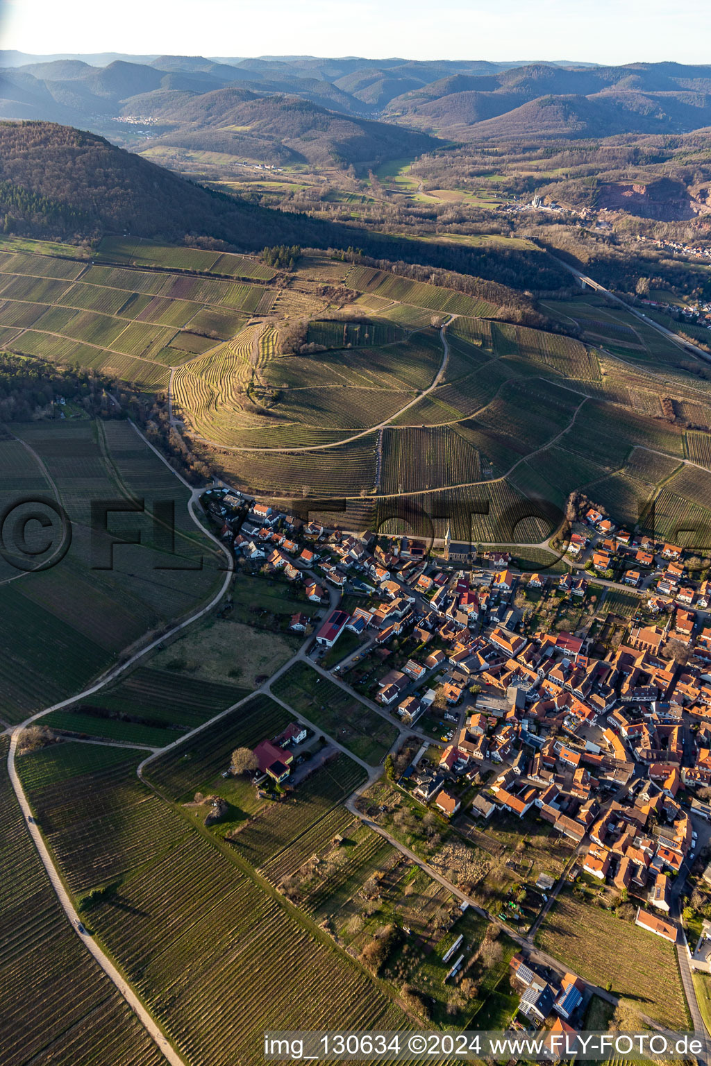 Aerial view of Keschdebusch in Birkweiler in the state Rhineland-Palatinate, Germany