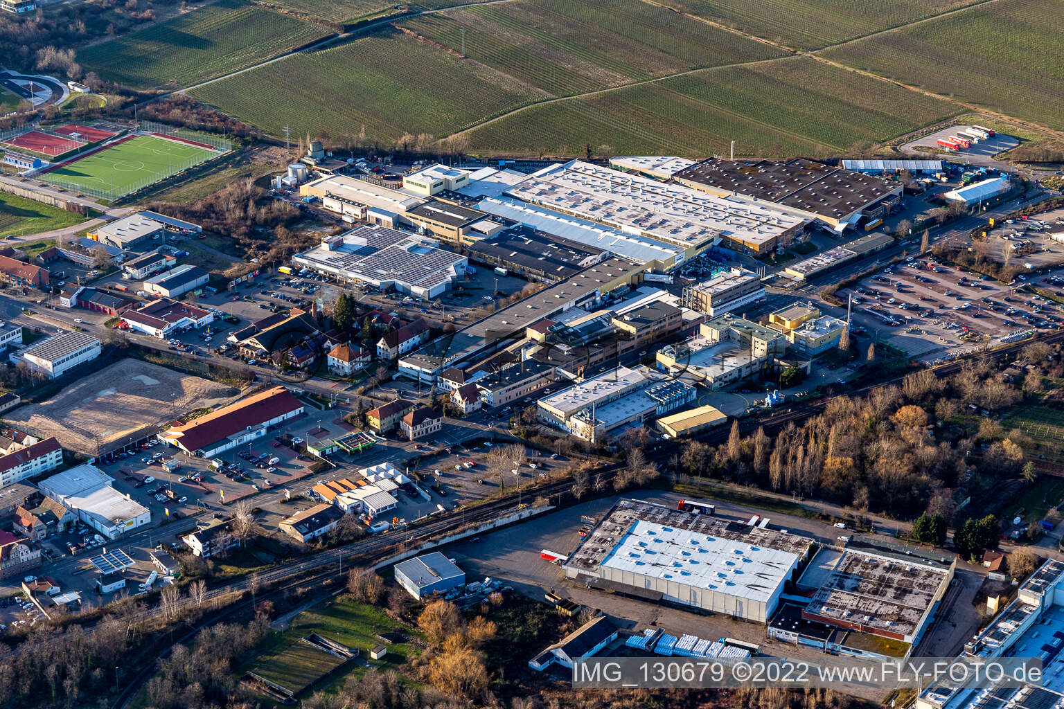 Aerial view of Tenneco Automotive Germany GmbH in Edenkoben in the state Rhineland-Palatinate, Germany