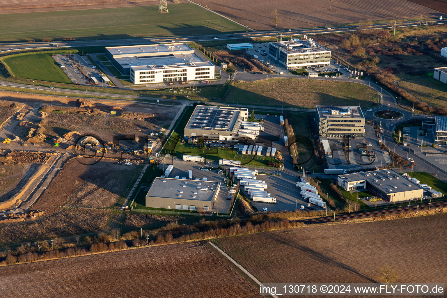 Aerial view of Eizo, MTS Group, TRANSAC International Freight Forwarding Company in Rülzheim in the state Rhineland-Palatinate, Germany