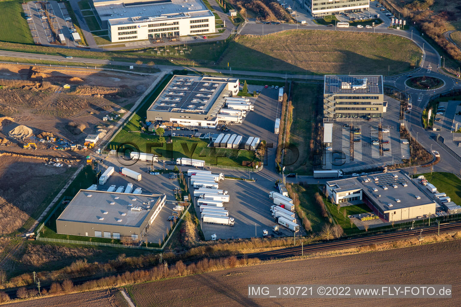 Aerial photograpy of Eizo, MTS Group, TRANSAC Intern. Speditionsgesellschaft mbH in Rülzheim in the state Rhineland-Palatinate, Germany