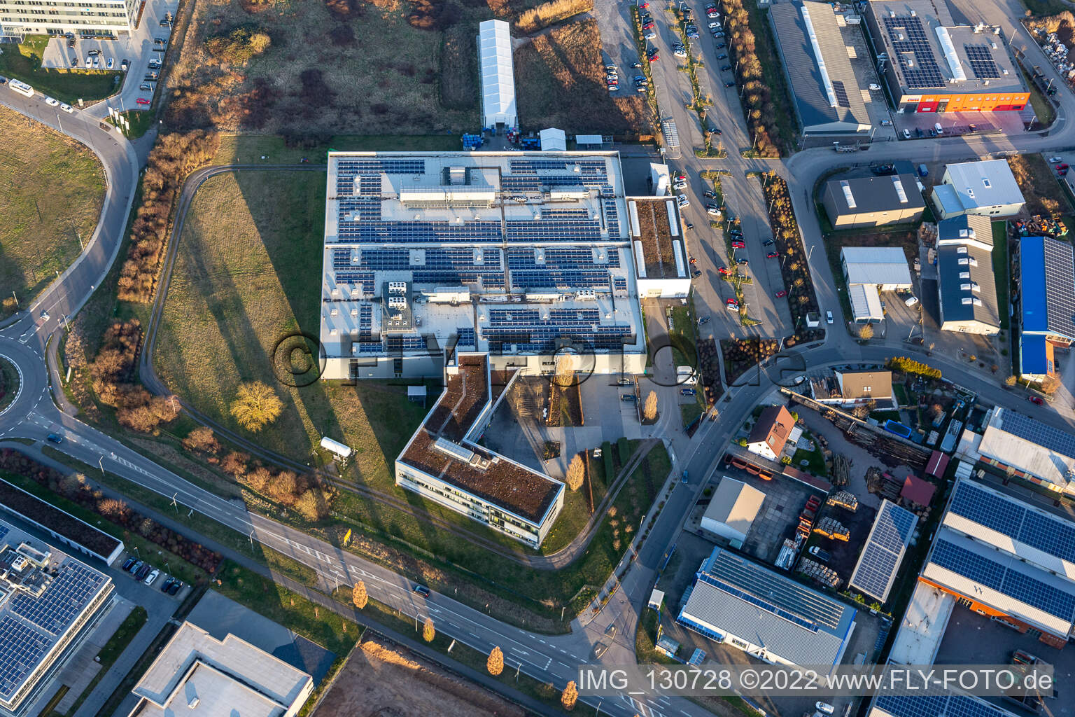 Aerial view of DBK David + Baader GmbH in Rülzheim in the state Rhineland-Palatinate, Germany