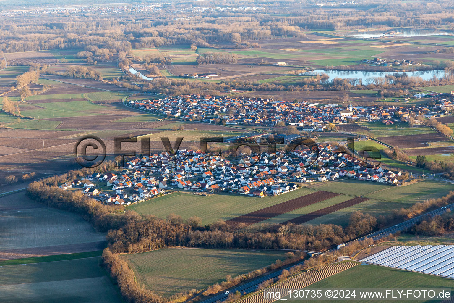 Drone image of District Hardtwald in Neupotz in the state Rhineland-Palatinate, Germany