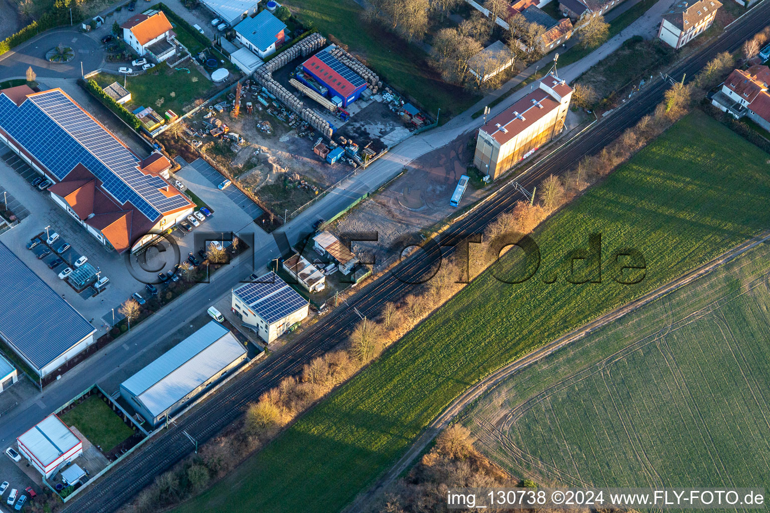 Aerial view of Raiffeisen Warenhandelsgesellschaft Südpfalz mbH in Neuen-Morgen in Rheinzabern in the state Rhineland-Palatinate, Germany