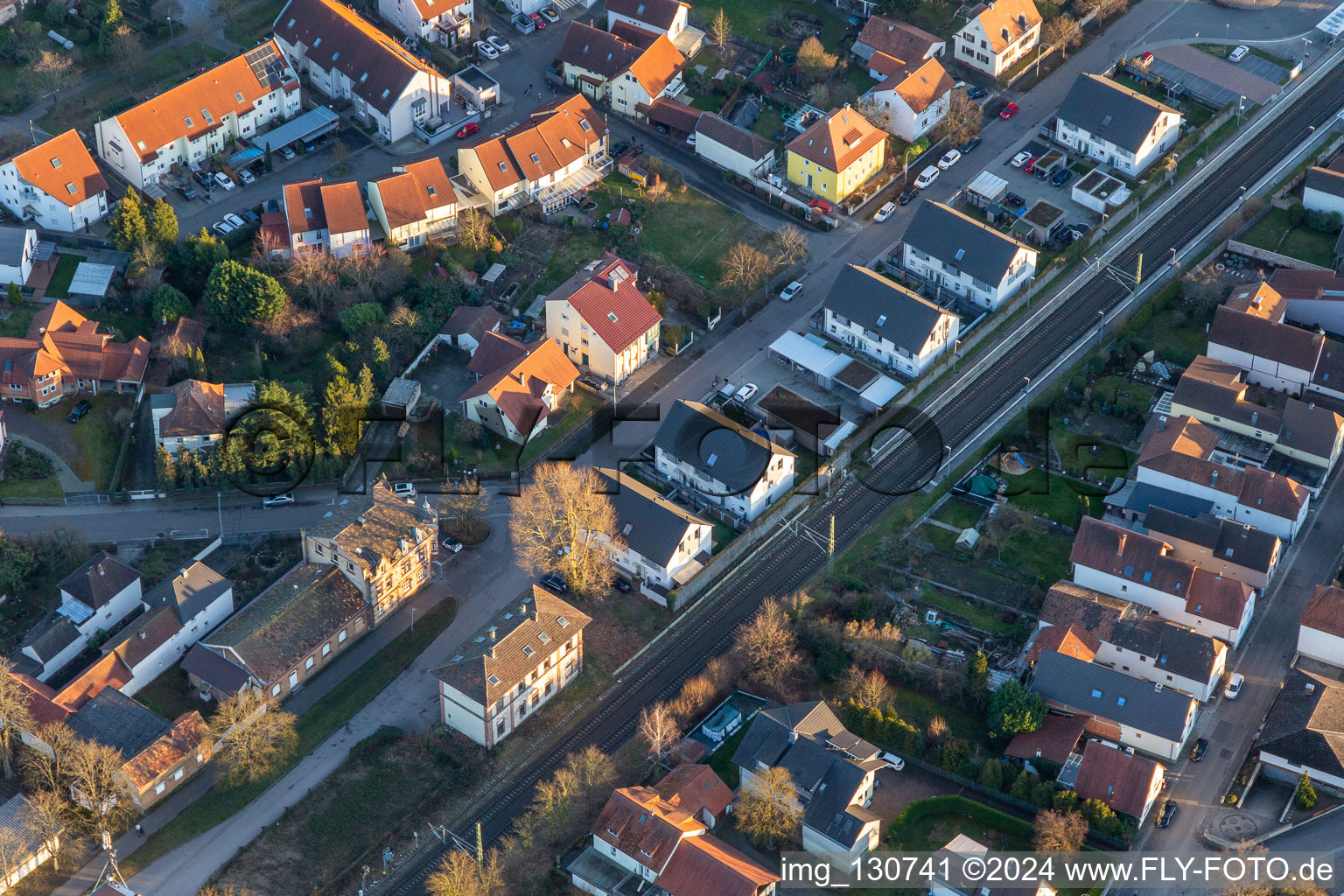 Aerial view of Neuen-Morgen former railway station in Rheinzabern in the state Rhineland-Palatinate, Germany