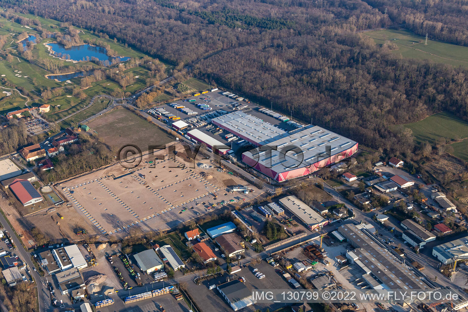 Aerial view of Construction site for new Hornbach logistics center Essingen in Essingen in the state Rhineland-Palatinate, Germany