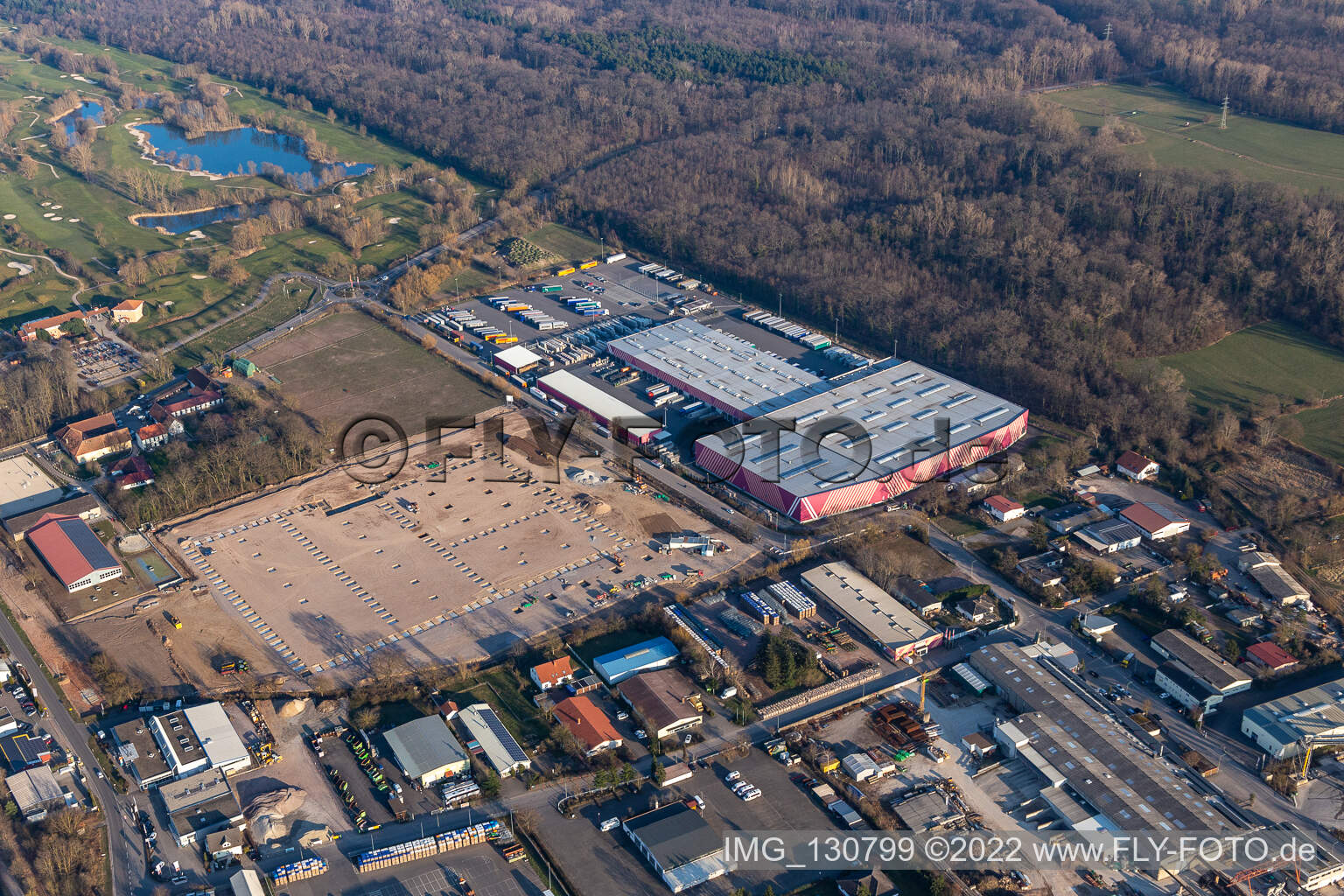 Aerial view of Construction site for new Hornbach logistics centre Essingen in the district Dreihof in Essingen in the state Rhineland-Palatinate, Germany