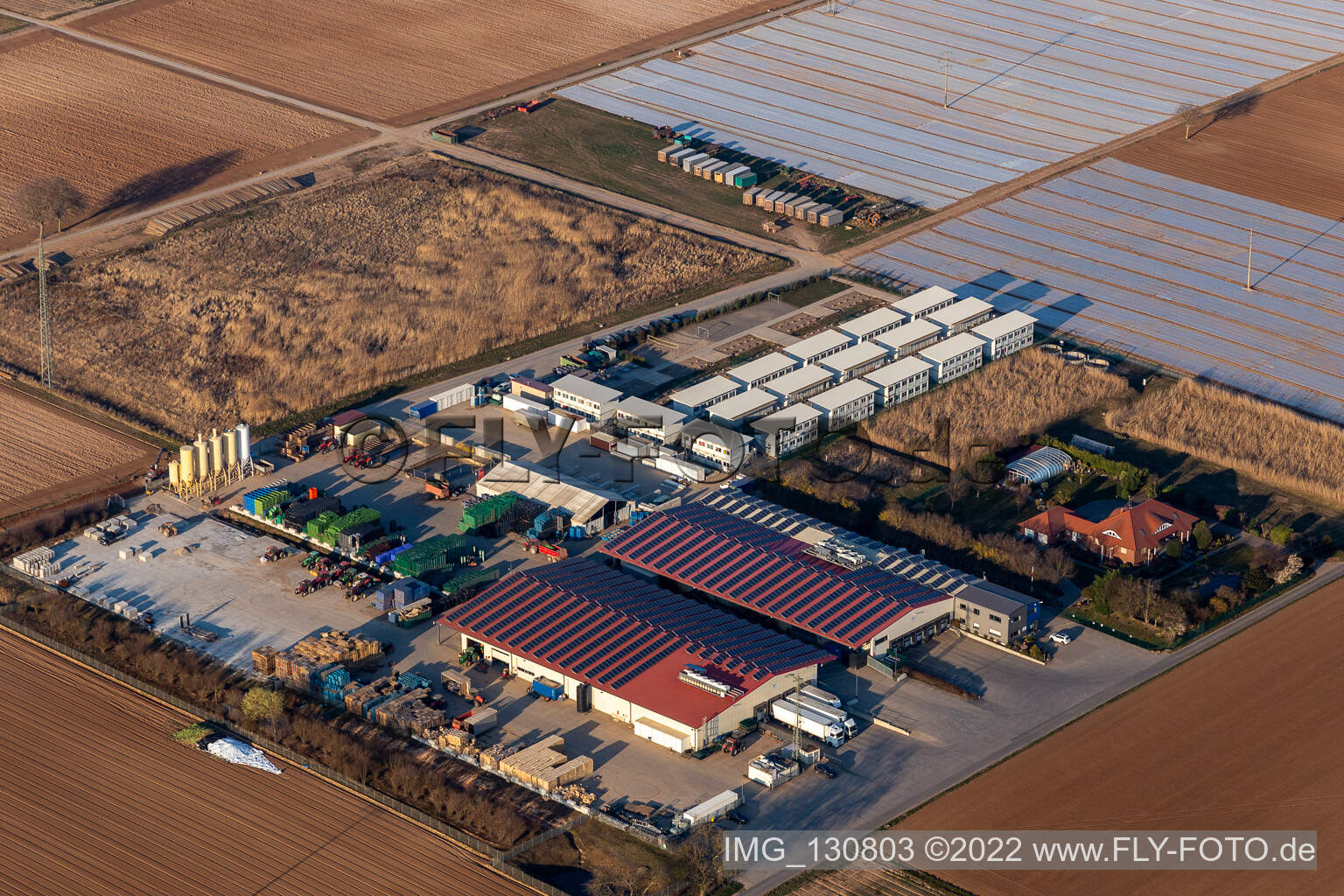 Aerial view of Hortulanushof, Stubenbordt GmbH & Co. KG / Dieter Stubenbordt Vegetable cultivation in Zeiskam in the state Rhineland-Palatinate, Germany