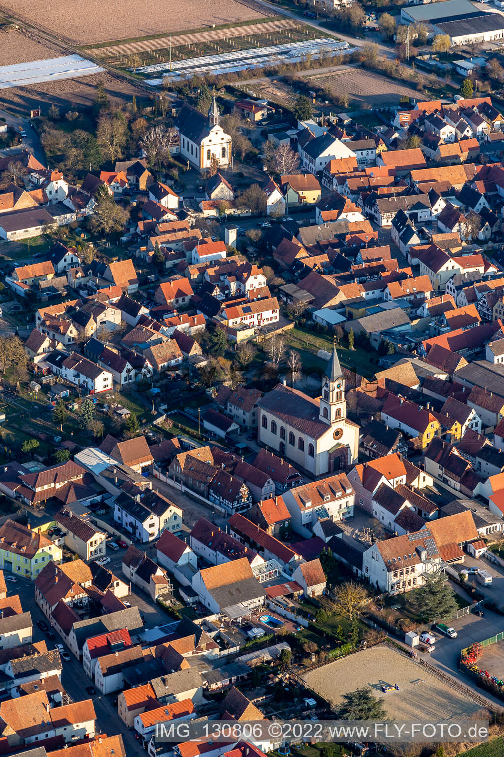 Aerial view of St. Bartholomew and Protestant Church Zeiskam in Zeiskam in the state Rhineland-Palatinate, Germany