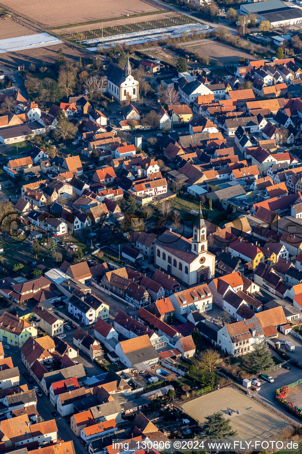 Aerial view of St. Bartholomew and Protestant Church Zeiskam in Zeiskam in the state Rhineland-Palatinate, Germany