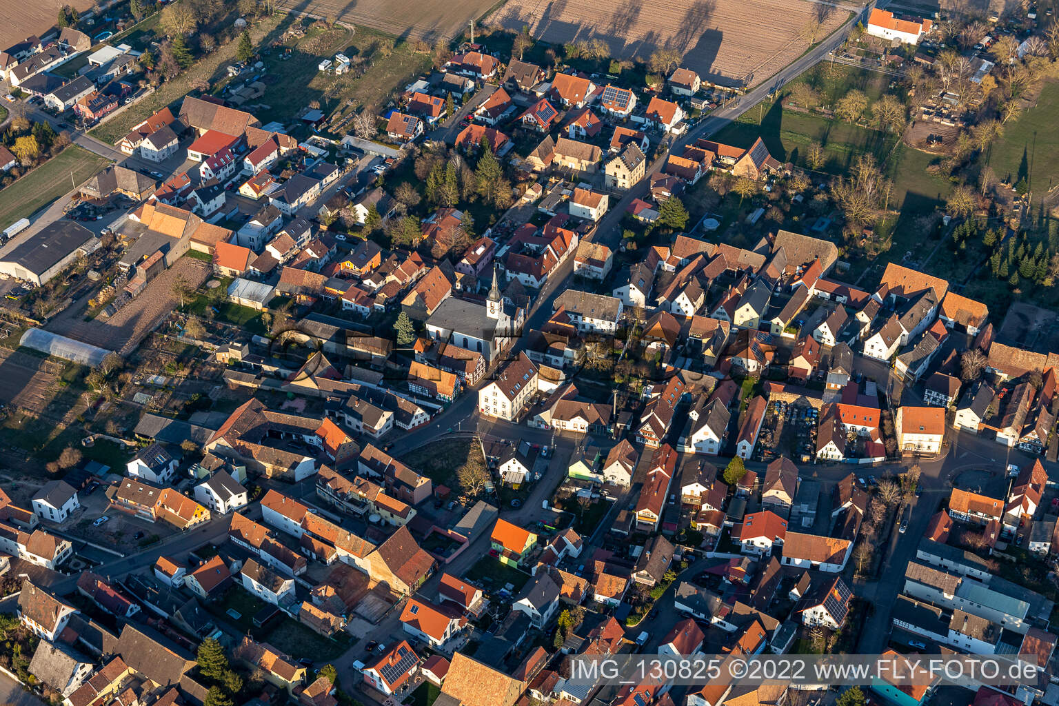 Aerial view of Protestant Church Westheim - Prot. Parish Westheim-Lingenfeld in Westheim in the state Rhineland-Palatinate, Germany