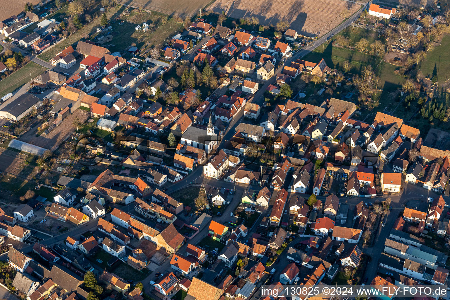 Aerial view of Protestant Church Westheim - Prot. Parish Westheim-Lingenfeld in Westheim in the state Rhineland-Palatinate, Germany