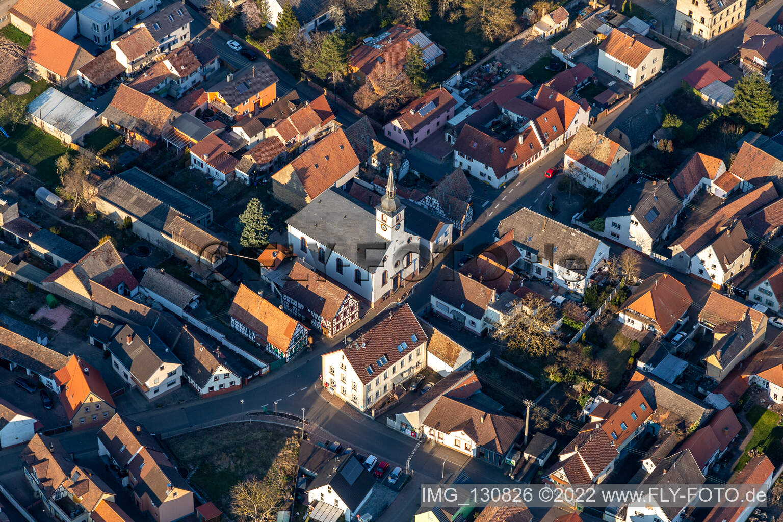Aerial photograpy of Protestant Church Westheim - Prot. Parish Westheim-Lingenfeld in Westheim in the state Rhineland-Palatinate, Germany