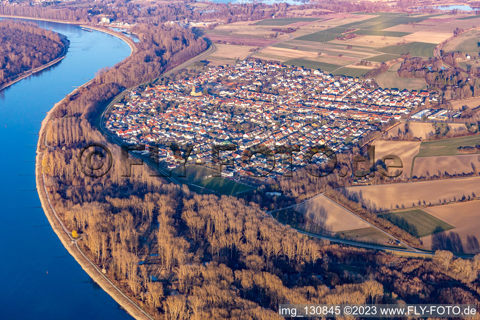 Oblique view of District Rheinhausen in Oberhausen-Rheinhausen in the state Baden-Wuerttemberg, Germany