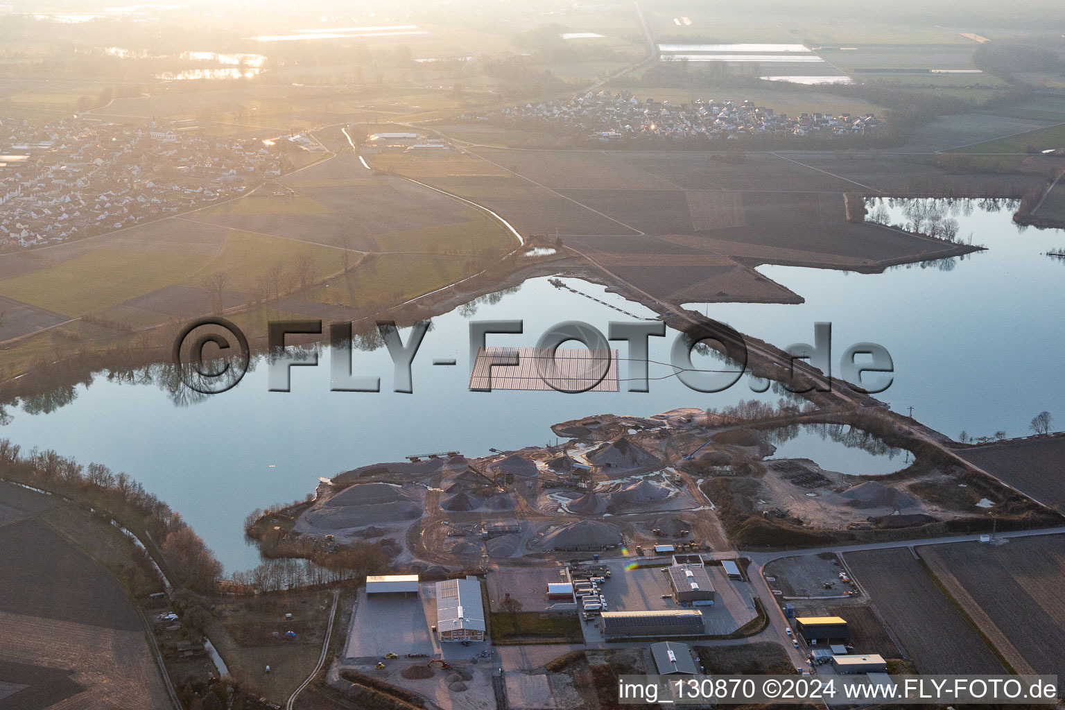 Floating photovoltaic island on the quarry pond in Leimersheim in the state Rhineland-Palatinate, Germany