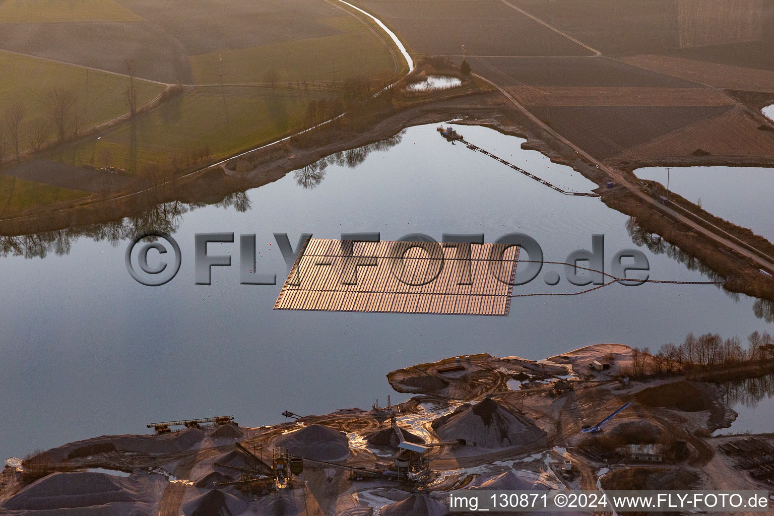 Aerial view of Floating photovoltaic island on the lake in Leimersheim in the state Rhineland-Palatinate, Germany