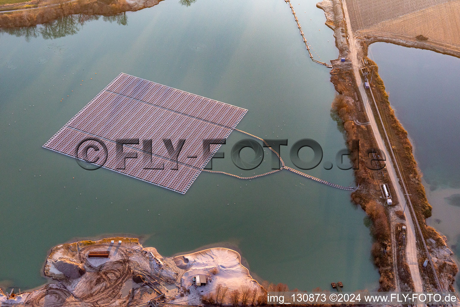 Aerial photograpy of Floating photovoltaic island on the lake in Leimersheim in the state Rhineland-Palatinate, Germany