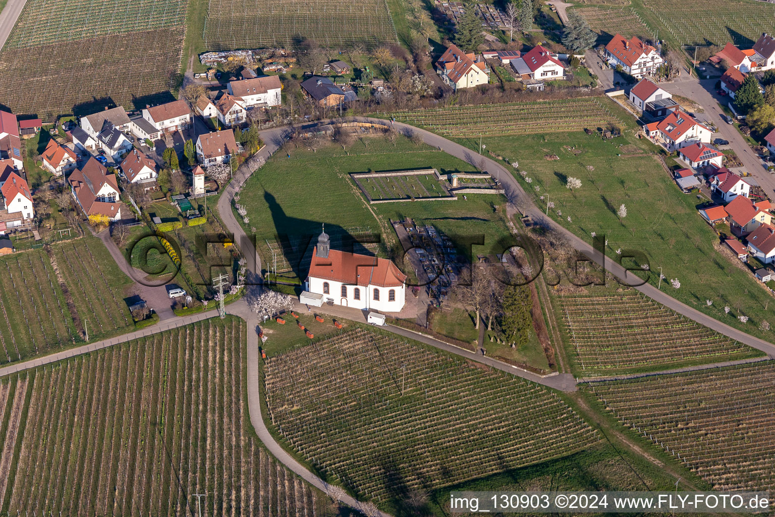 St. Dionysius (wedding) chapel in the district Gleiszellen in Gleiszellen-Gleishorbach in the state Rhineland-Palatinate, Germany from above