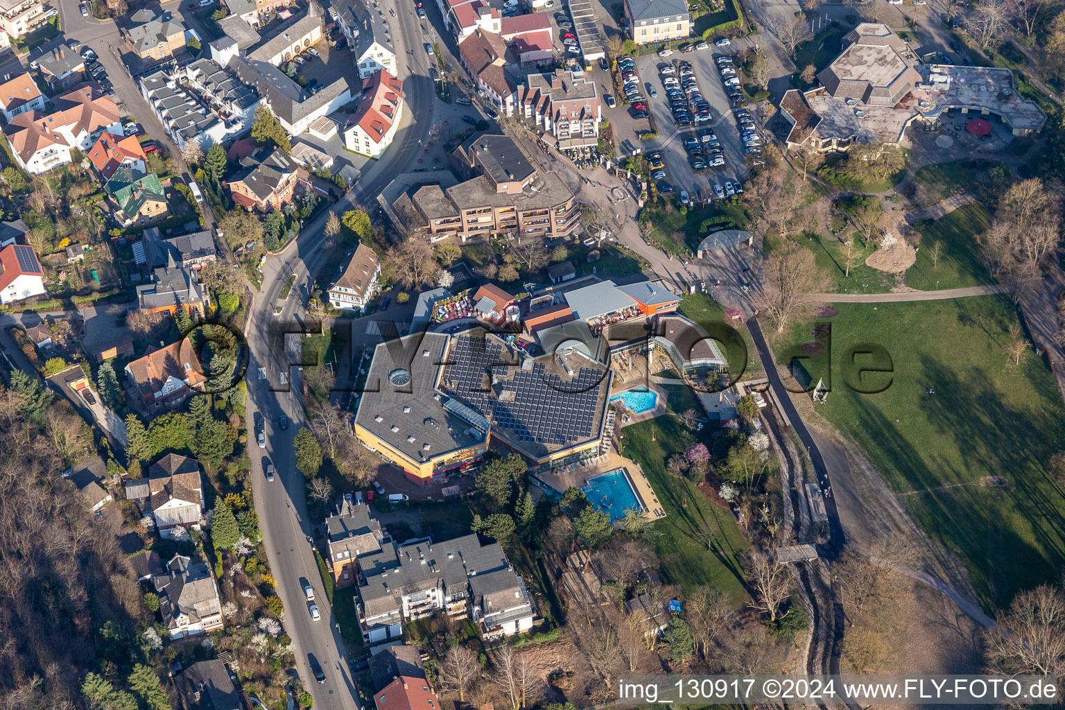 Aerial view of Südpfalz Therme, herb garden, spa park Bad Bergzabern in Bad Bergzabern in the state Rhineland-Palatinate, Germany