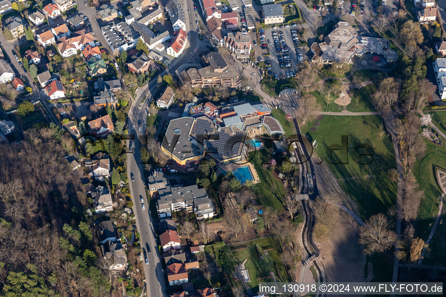 Aerial photograpy of Südpfalz Therme, herb garden, spa park Bad Bergzabern in Bad Bergzabern in the state Rhineland-Palatinate, Germany