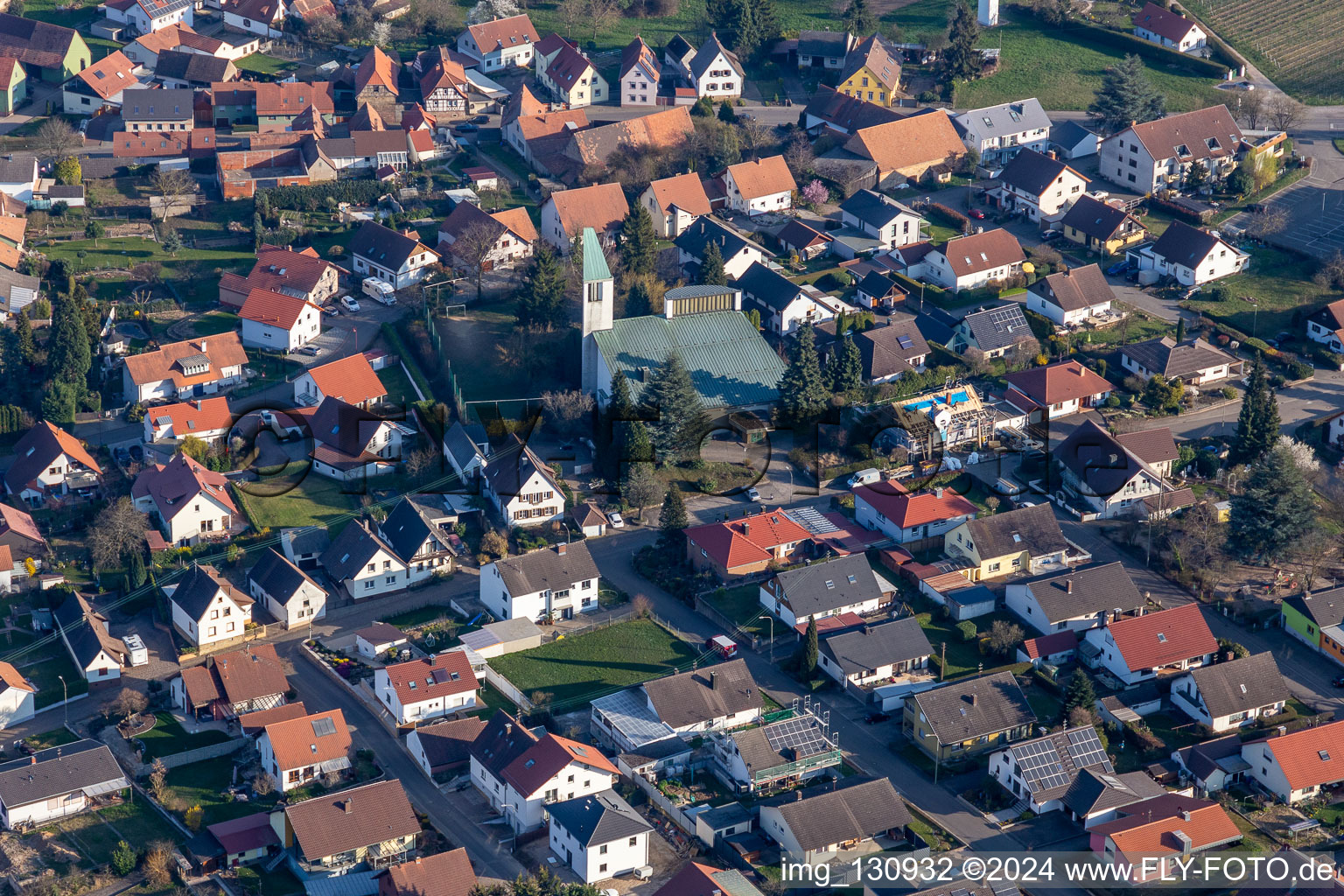 District Rechtenbach in Schweigen-Rechtenbach in the state Rhineland-Palatinate, Germany from a drone