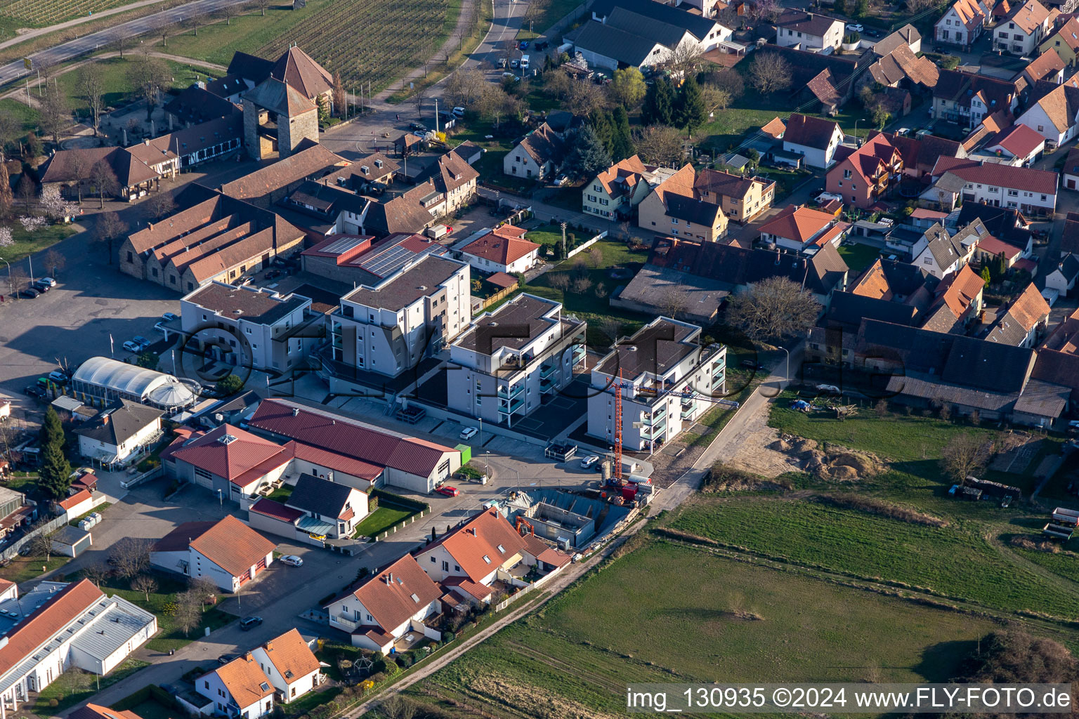 Aerial view of German Wine Gate Restaurant in the district Schweigen in Schweigen-Rechtenbach in the state Rhineland-Palatinate, Germany