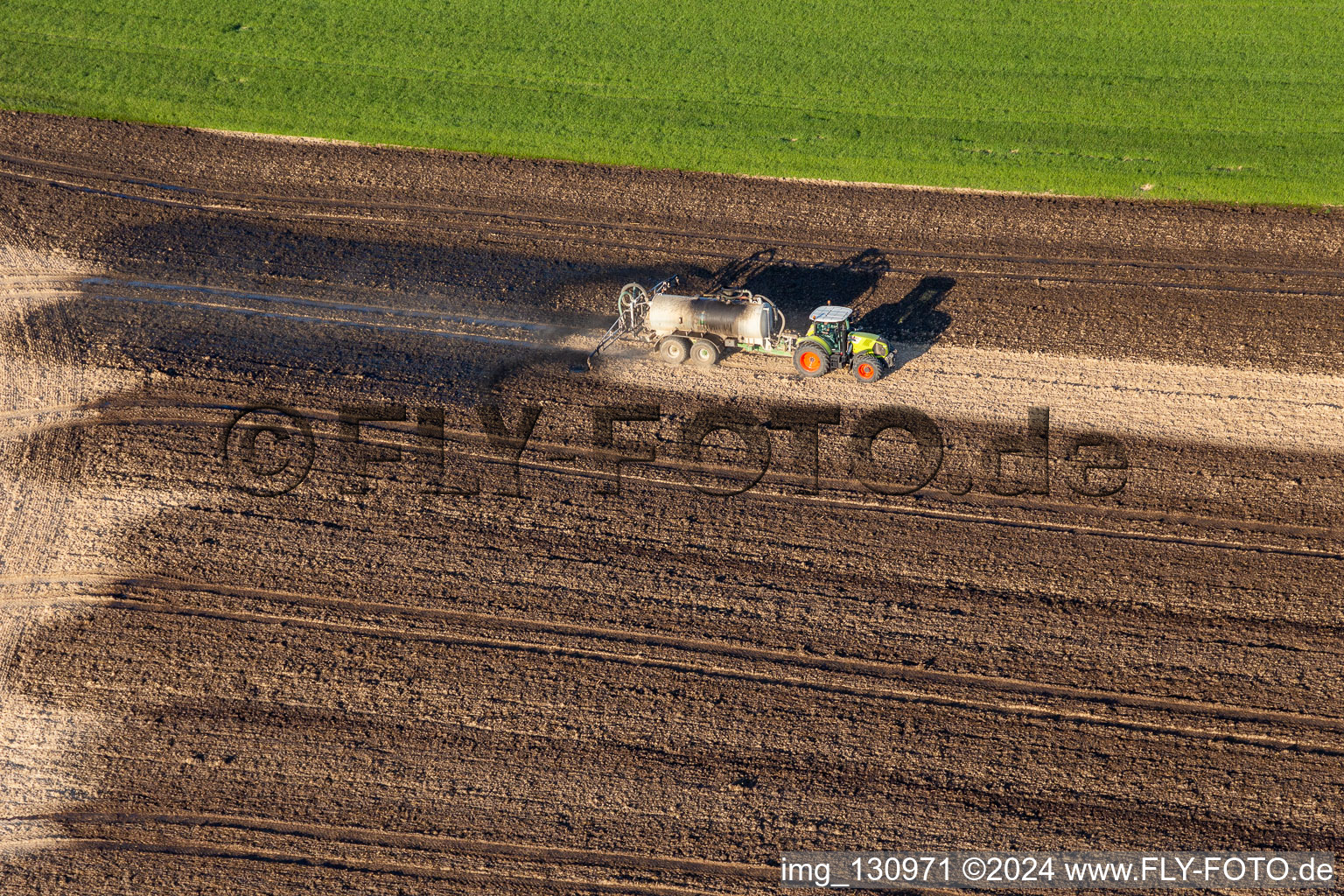 Aerial view of Liquid manure application in Niederlauterbach in the state Bas-Rhin, France